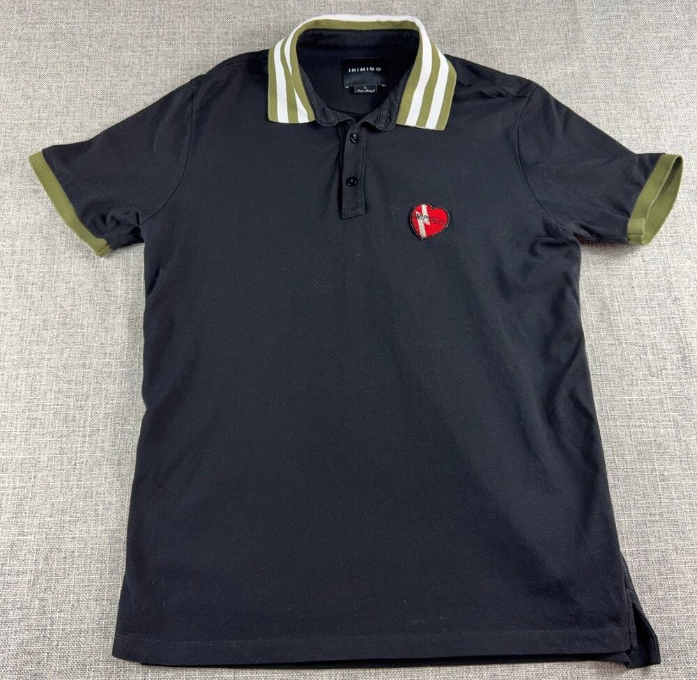 INIMIGO Contrast Heart Polo Shirt Men's L Black Olive Made in Portugal